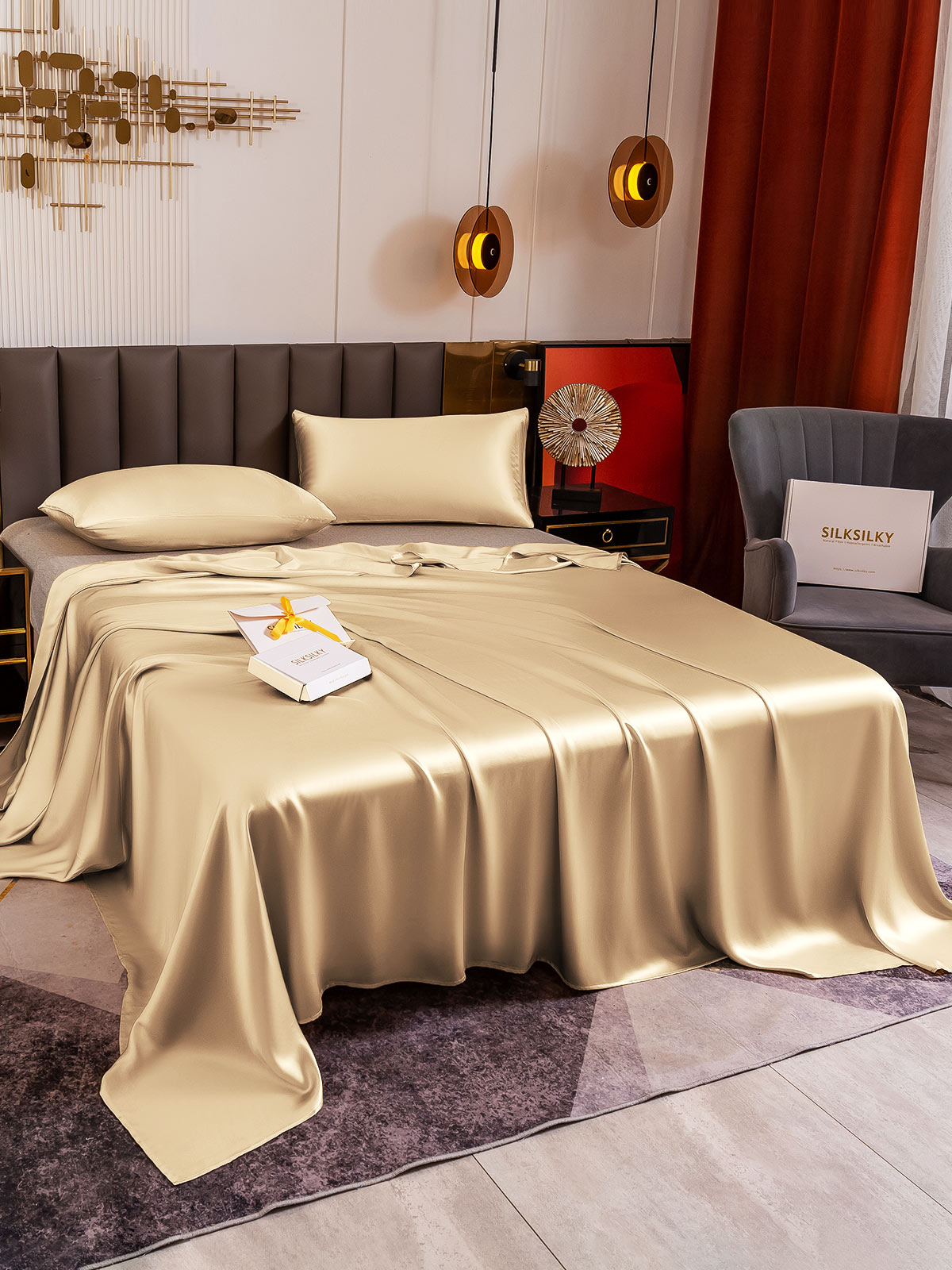 [Beige] SilkSilky 19Momme Pure Silk Bedding Set 003