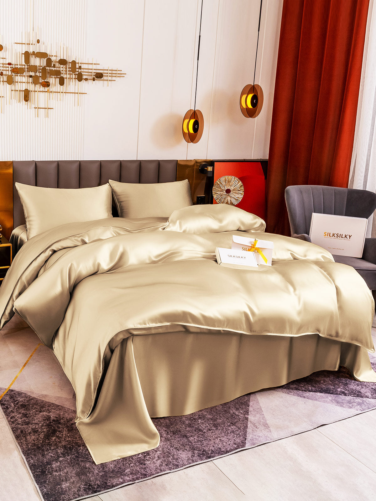 [Beige] SilkSilky 19Momme Pure Silk Bedding Set 003