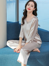 [Beige] SilkSilky  3/4 Sleeve V Neck Women's Pajamas 001