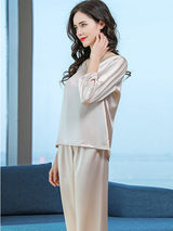 [Beige] SilkSilky  3/4 Sleeve V Neck Women's Pajamas 002