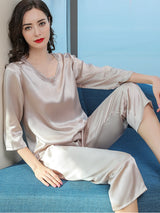 [Beige] SilkSilky  3/4 Sleeve V Neck Women's Pajamas 003