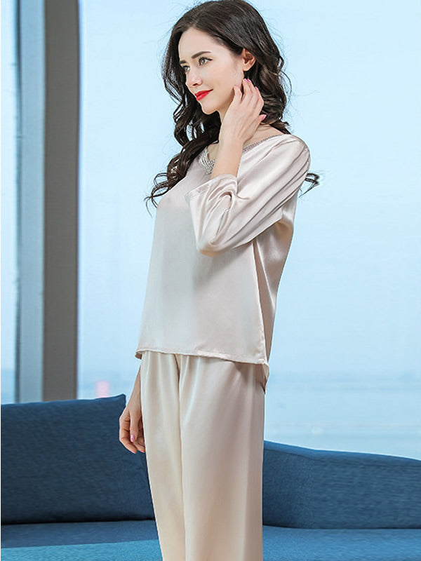 [Beige] SilkSilky  3/4 Sleeve V Neck Women's Pajamas 002