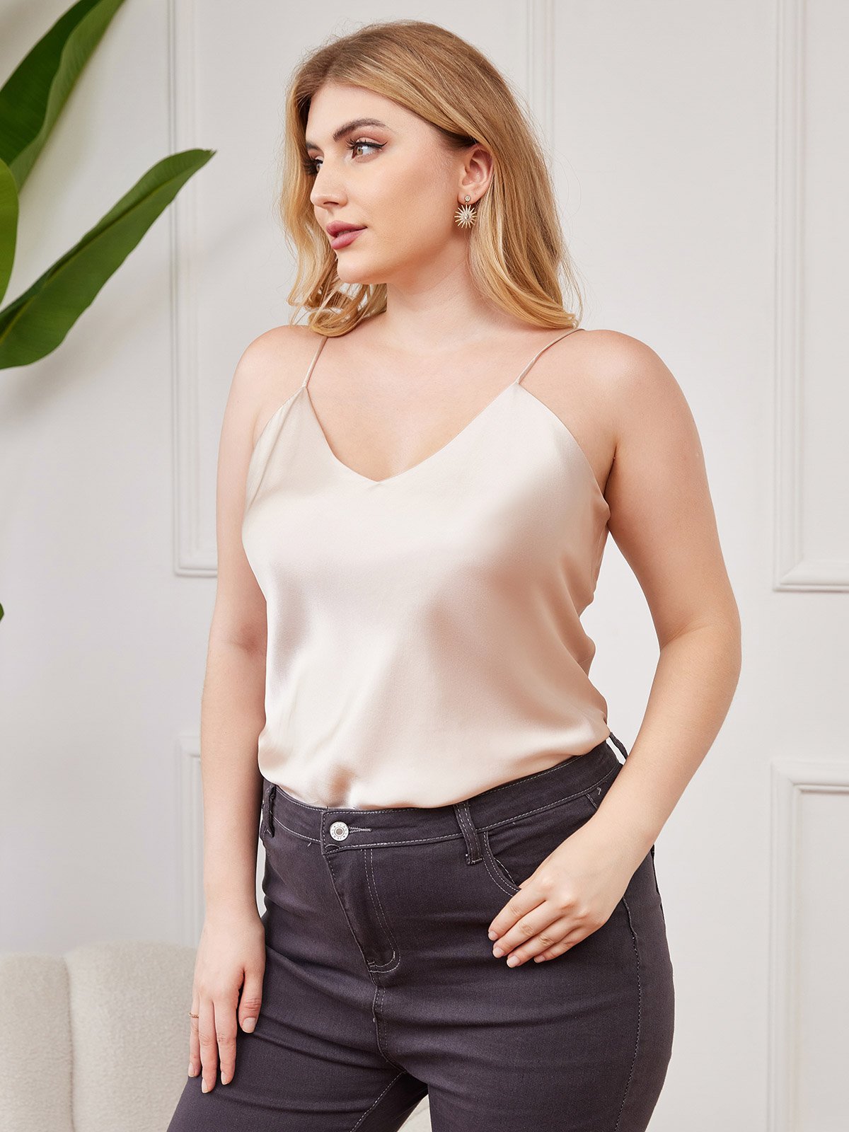 [Beige] SilkSilky Pure Silk Deep V Neck Plus Size Camisole Top 001