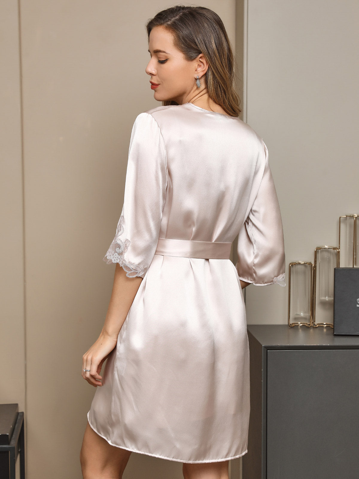 [Beige] SilkSilky Pure Silk Half Sleeve Nightgown&Robe Set 002