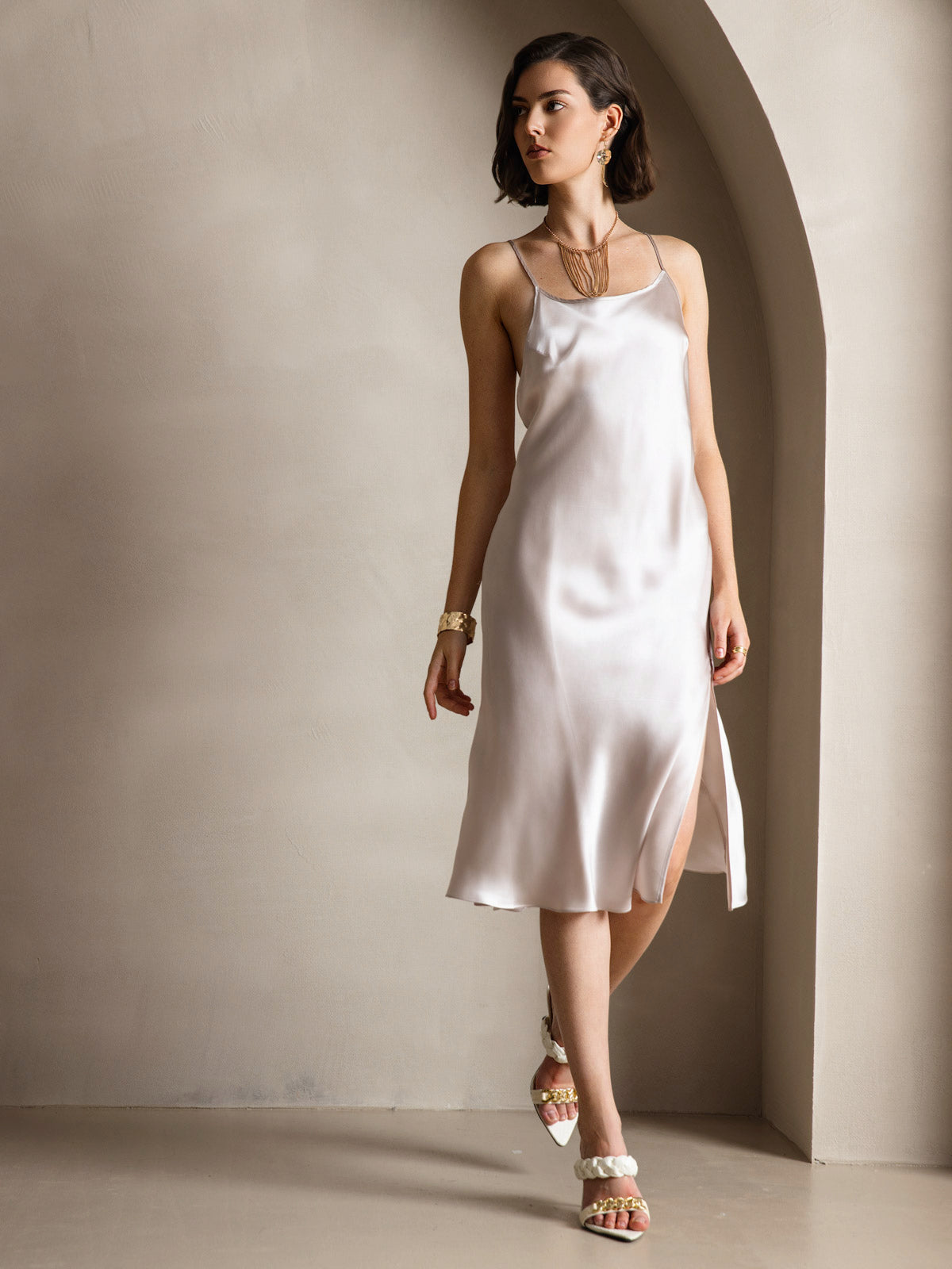 [Beige] SilkSilky Pure Silk Sleeveless Round Neck Dress 004