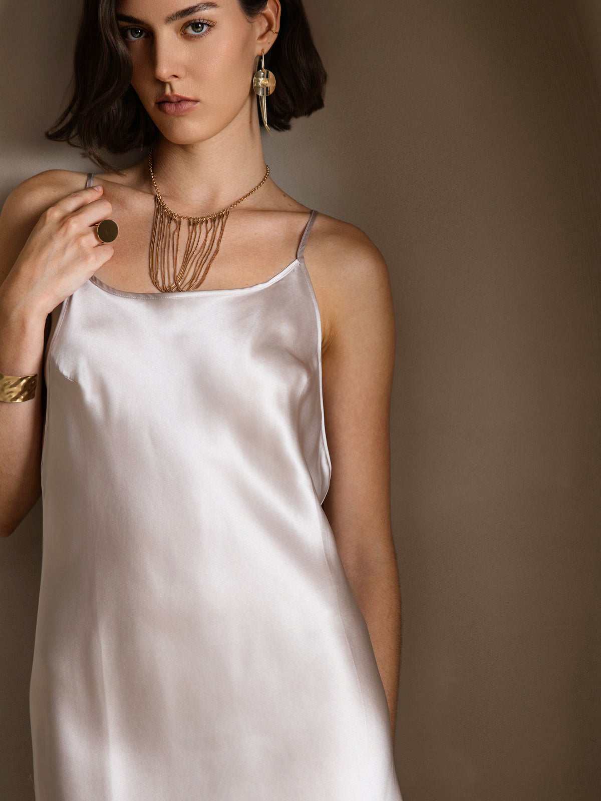 [Beige] SilkSilky Pure Silk Sleeveless Round Neck Dress 005