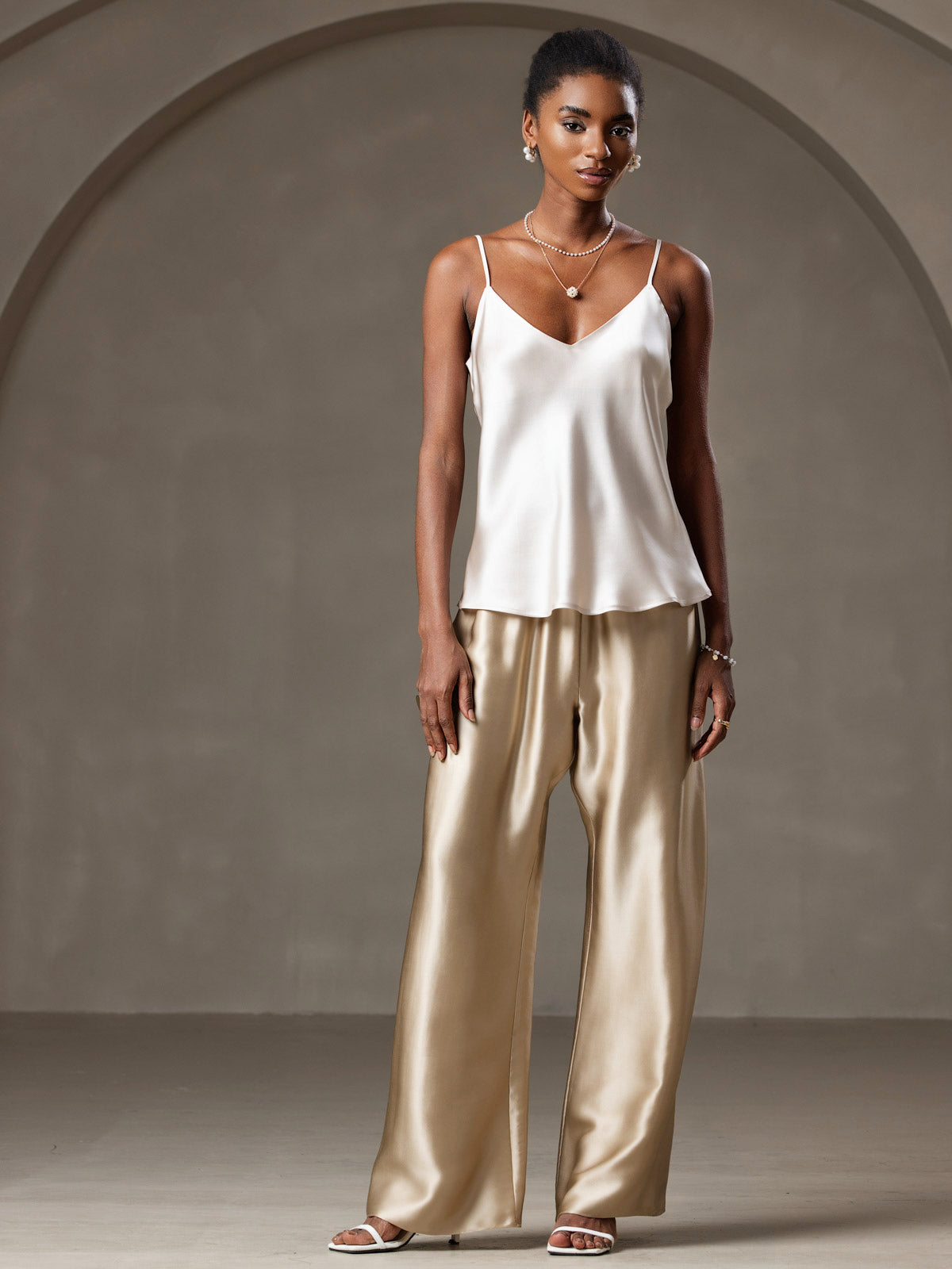 [Beige] SilkSilky  Pure Silk V Neck Camisole Top 003