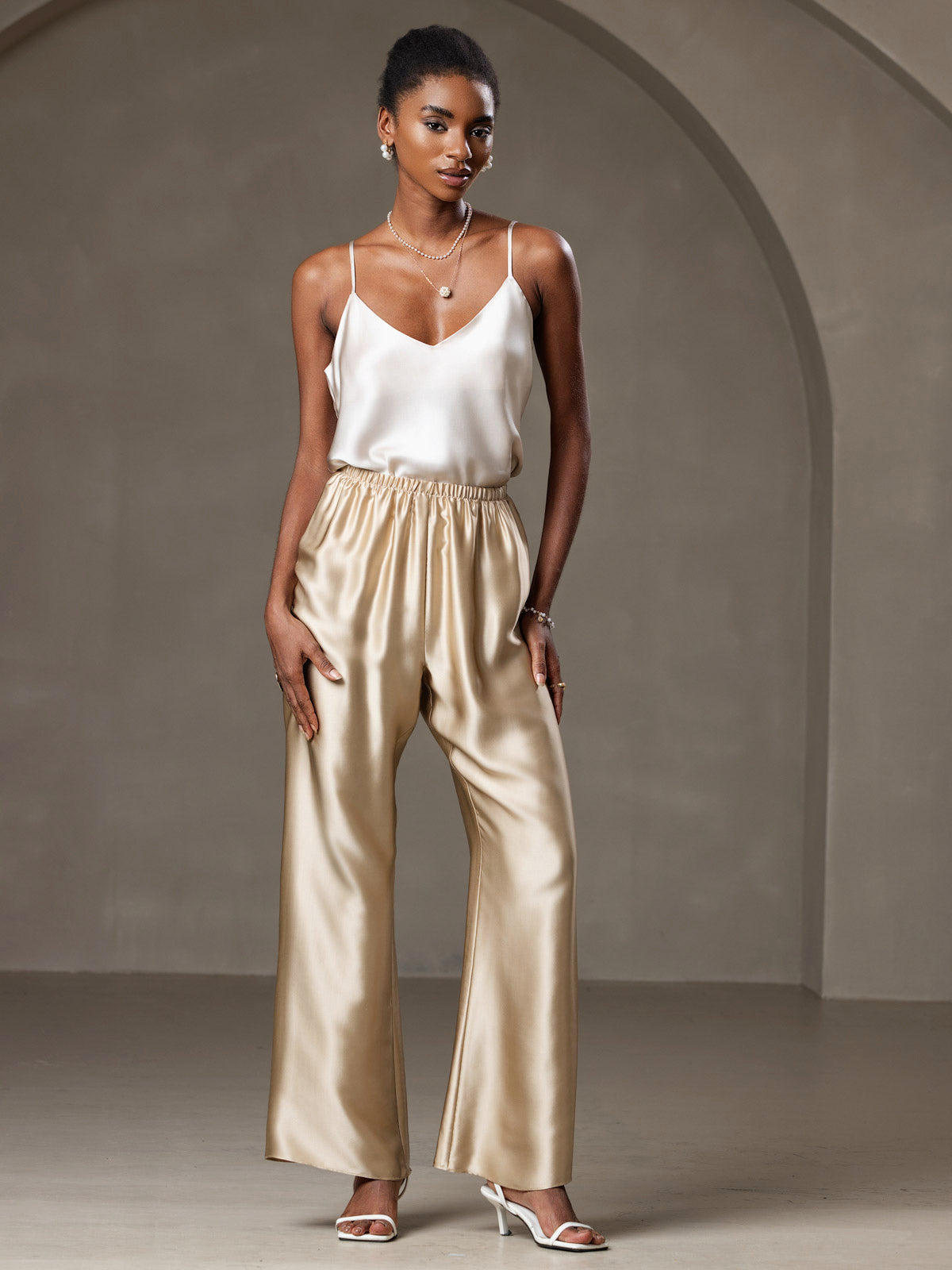 [Beige] SilkSilky  Pure Silk V Neck Camisole Top 005
