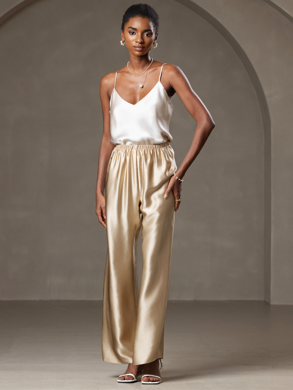 [Beige] SilkSilky  Pure Silk V Neck Camisole Top 006