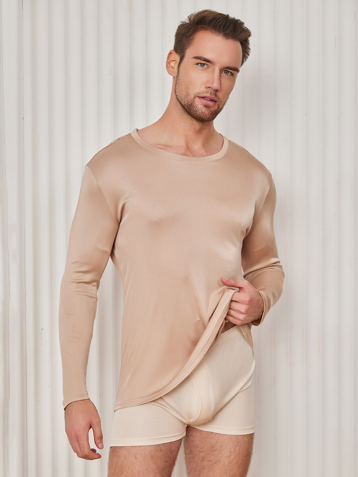 [Beige] SilkSilky Silk Knitted Long Sleeve Round Neck Men's T-Shirt 001