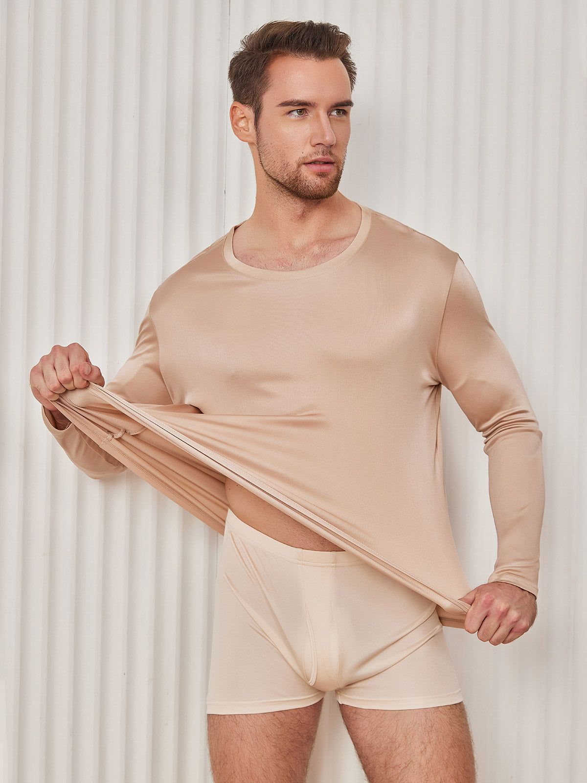 [Beige] SilkSilky Silk Knitted Long Sleeve Round Neck Men's T-Shirt 002