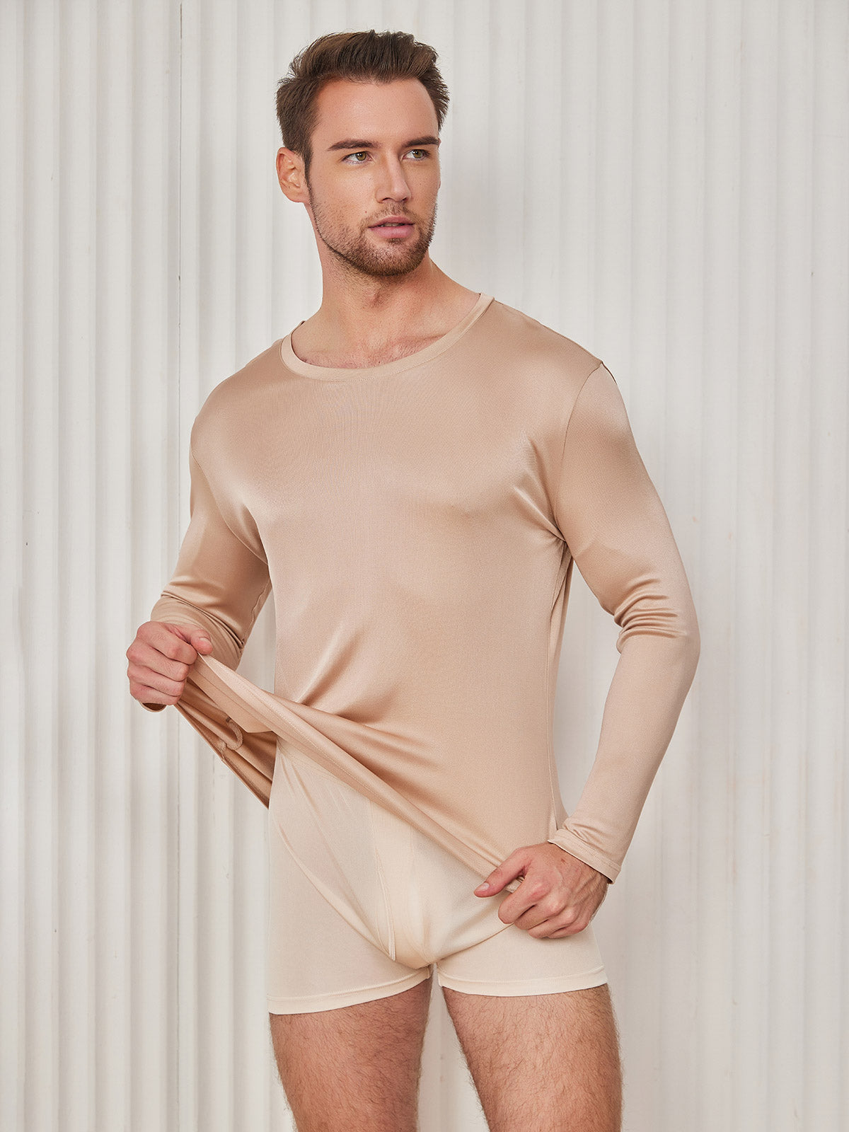 [Beige] SilkSilky Silk Knitted Long Sleeve Round Neck Men's T-Shirt 003