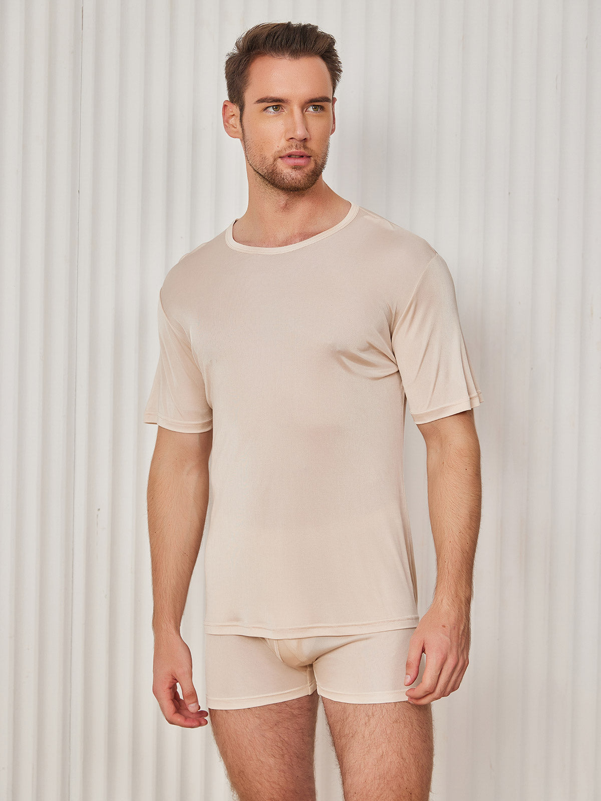 [Beige] SilkSilky Silk Knitted Short Sleeve Round Neck Men's T-Shirt 001