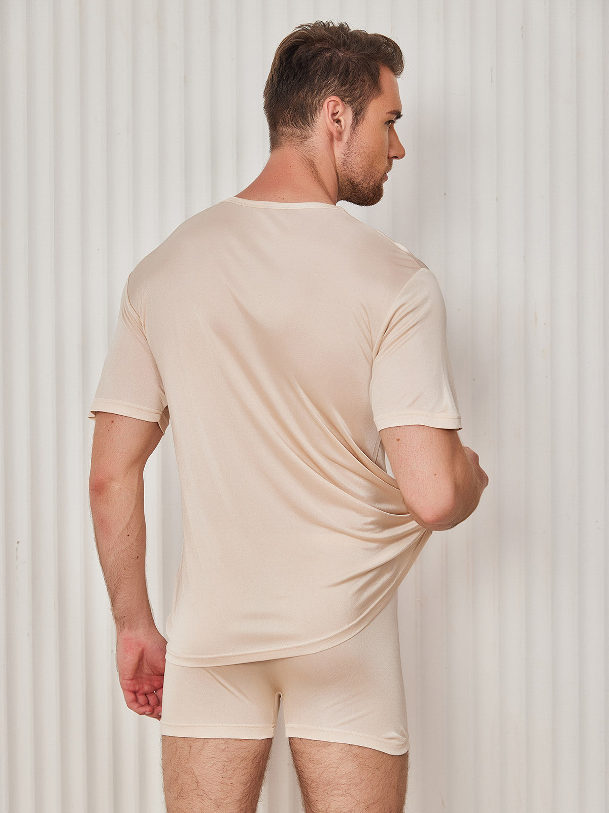 [Beige] SilkSilky Silk Knitted Short Sleeve Round Neck Men's T-Shirt 002