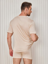 [Beige] SilkSilky  100% Silk Jersey Short Sleeve Crew Neck Men's T-Shirt 002