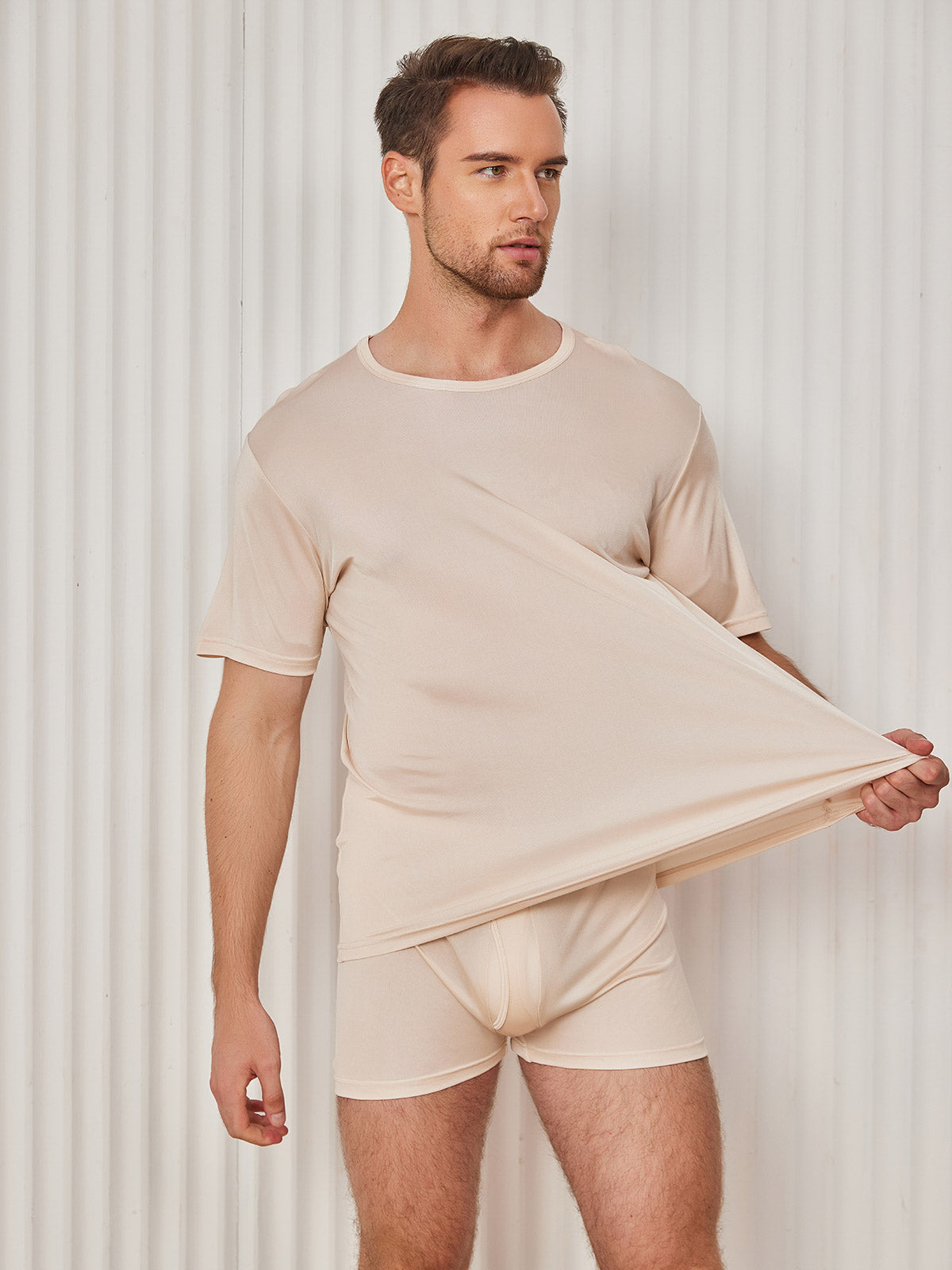 [Beige] SilkSilky Silk Knitted Short Sleeve Round Neck Men's T-Shirt 003