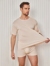 [Beige] SilkSilky  100% Silk Jersey Short Sleeve Crew Neck Men's T-Shirt 003