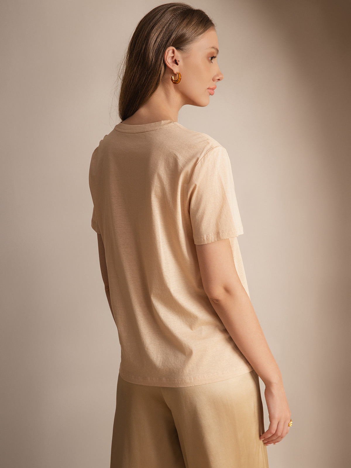 [Beige] SilkSilky Silk Knitted Short Sleeve Round Neck Women's T-Shirt 002