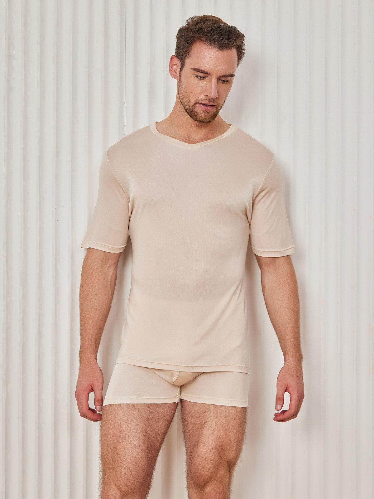 [Beige] SilkSilky Silk Knitted Short Sleeve V Neck Men's T-Shirt 001