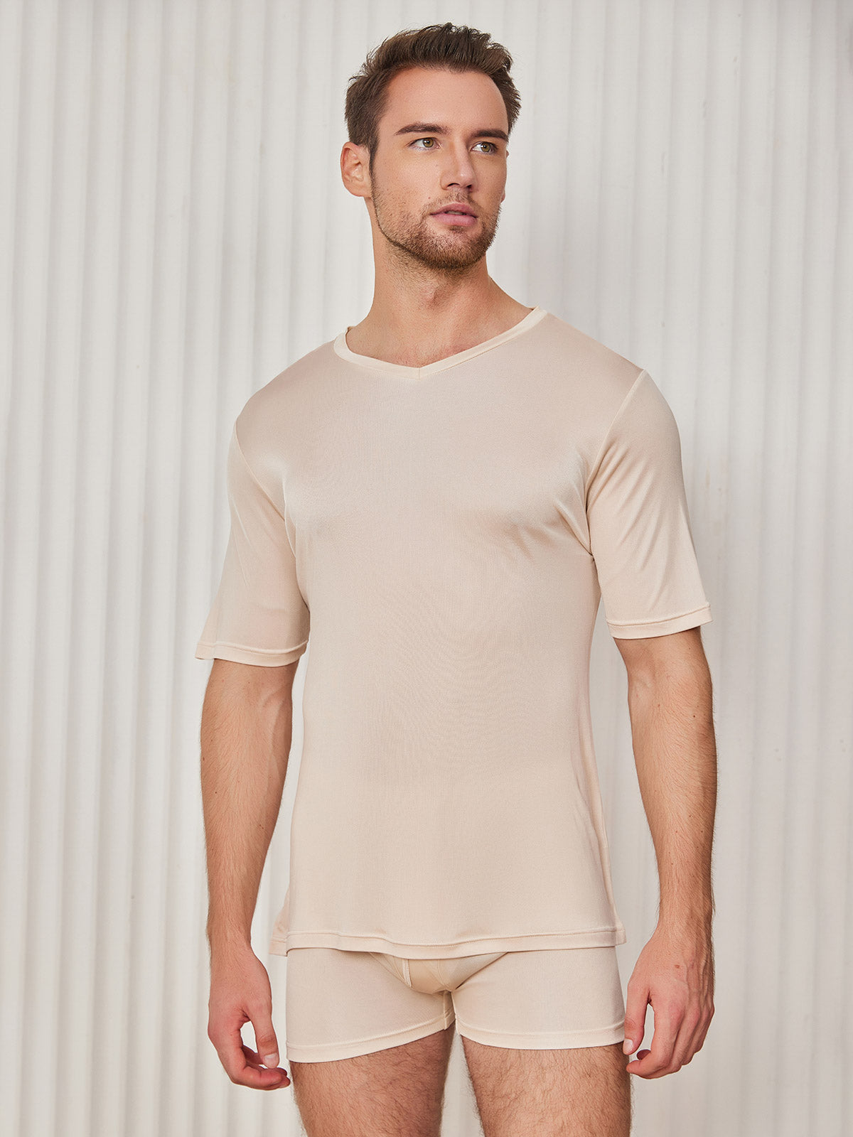 [Beige] SilkSilky Silk Knitted Short Sleeve V Neck Men's T-Shirt 003