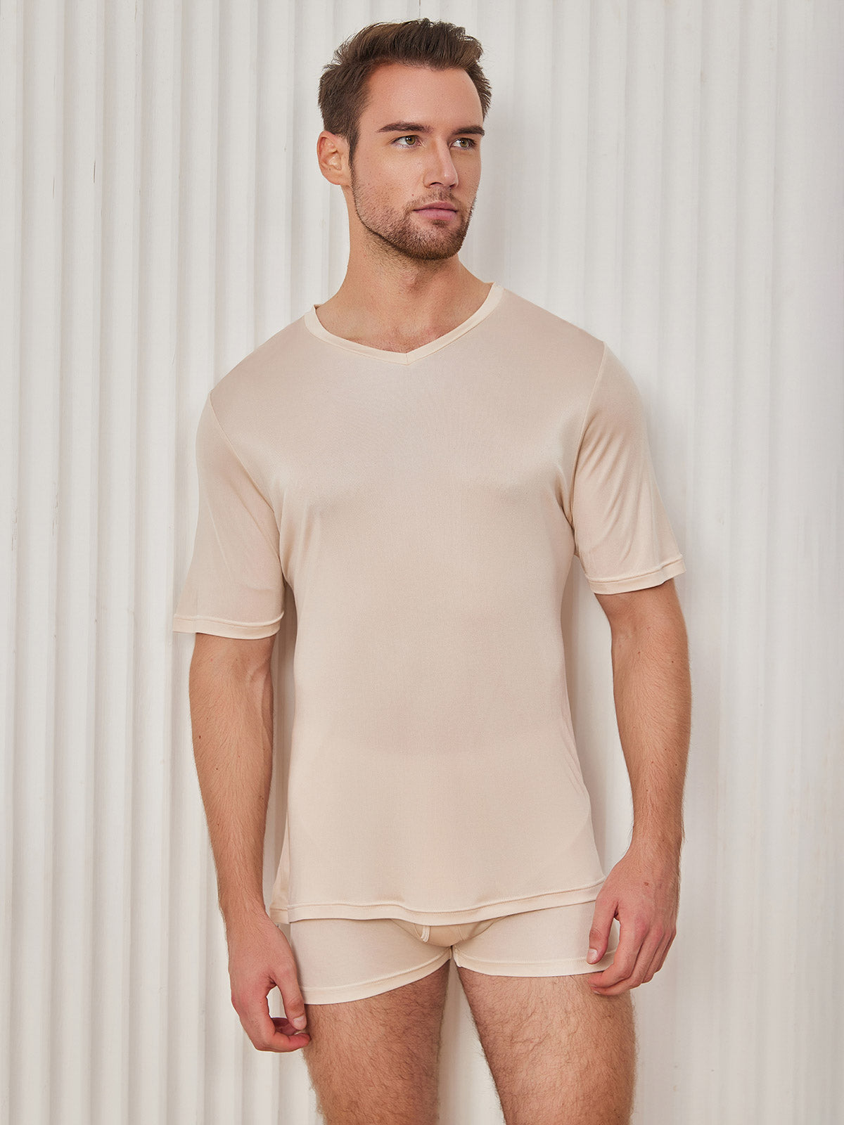 [Beige] SilkSilky Silk Knitted Short Sleeve V Neck Men's T-Shirt 004
