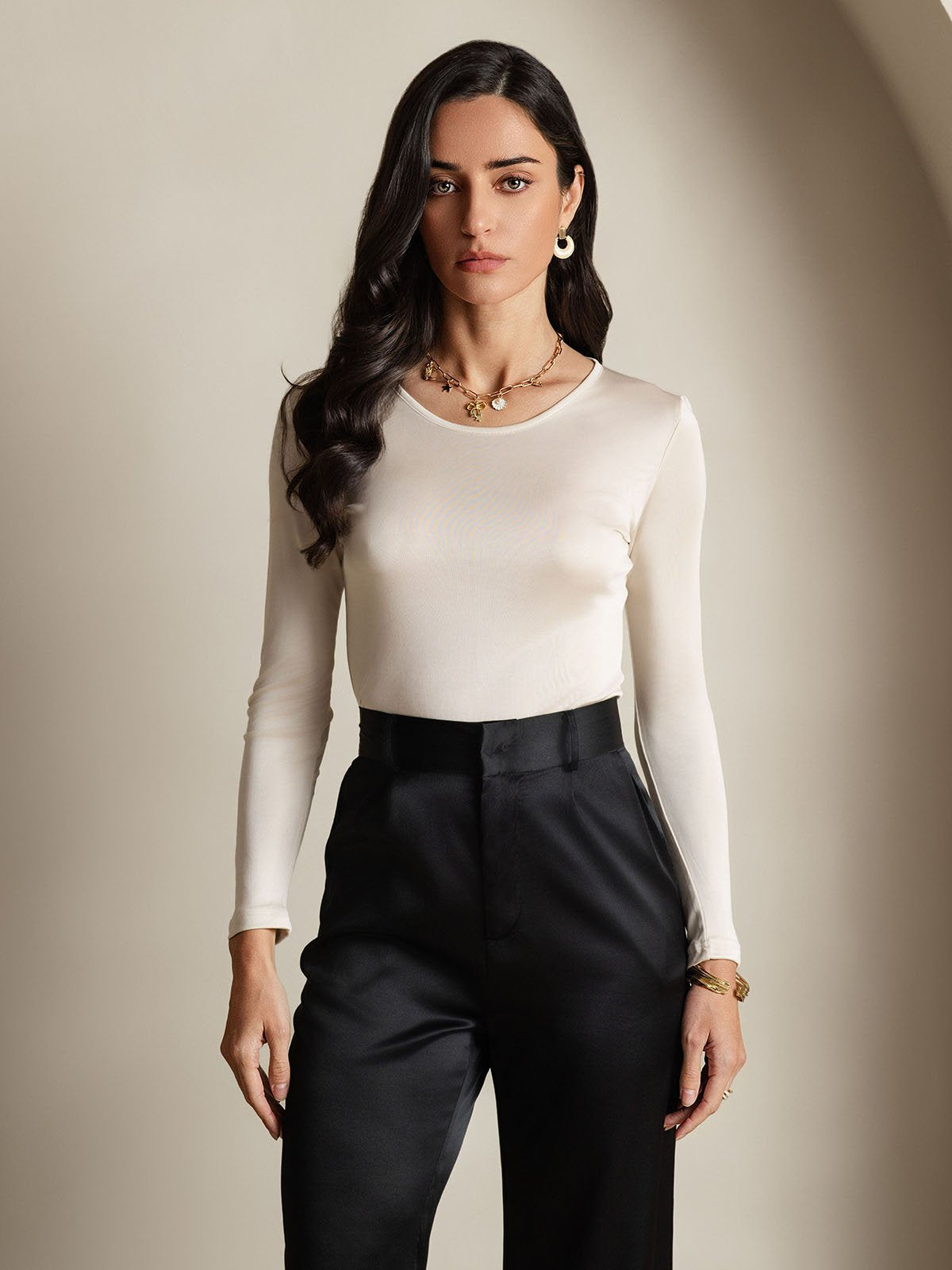 [Beige] SilkSilky Silk Long Sleeve Round Neck Women's T-Shirt 001
