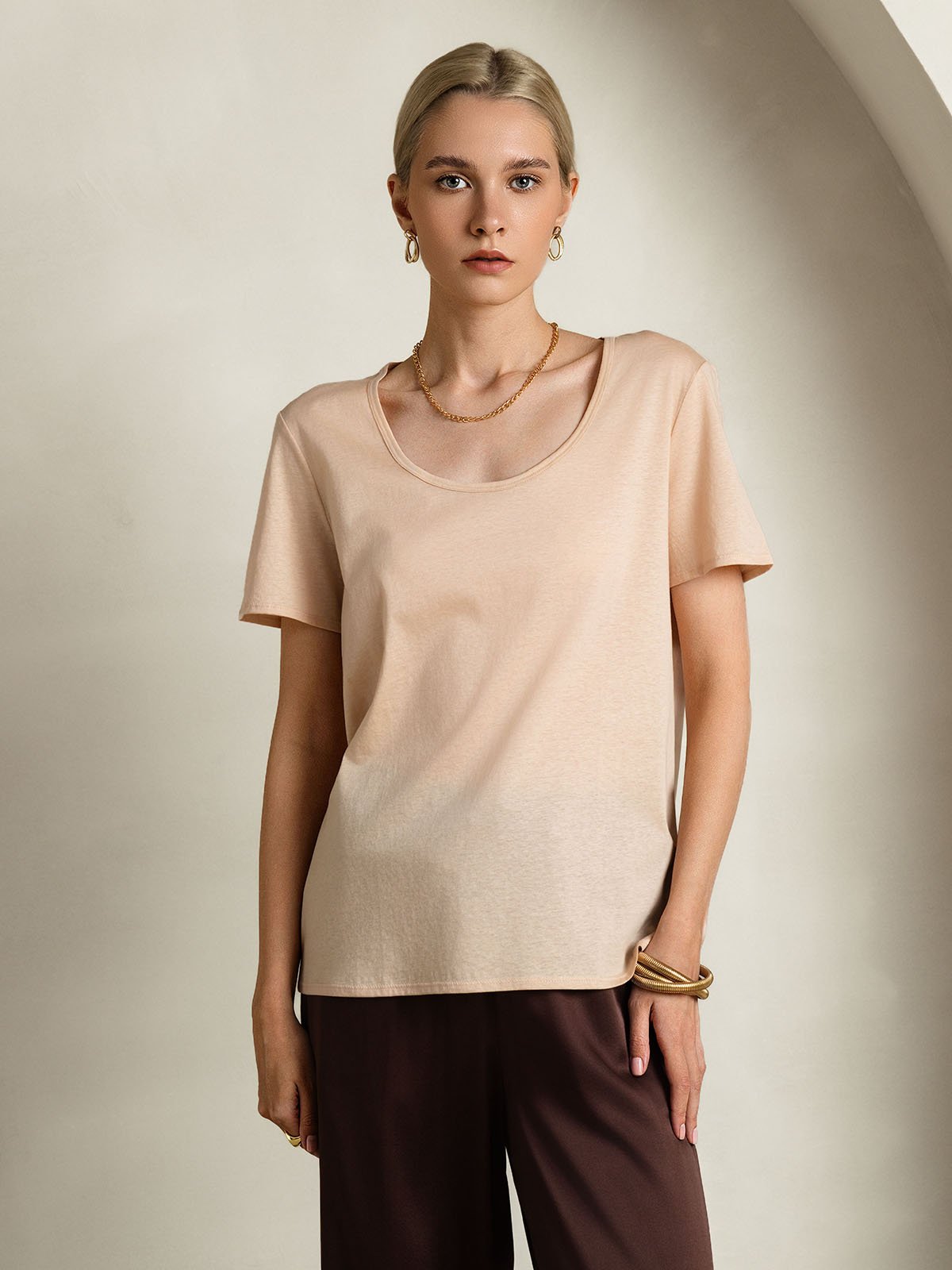 [Beige] SilkSilky Silk Short Sleeve U Neck Women's T-Shirt 001