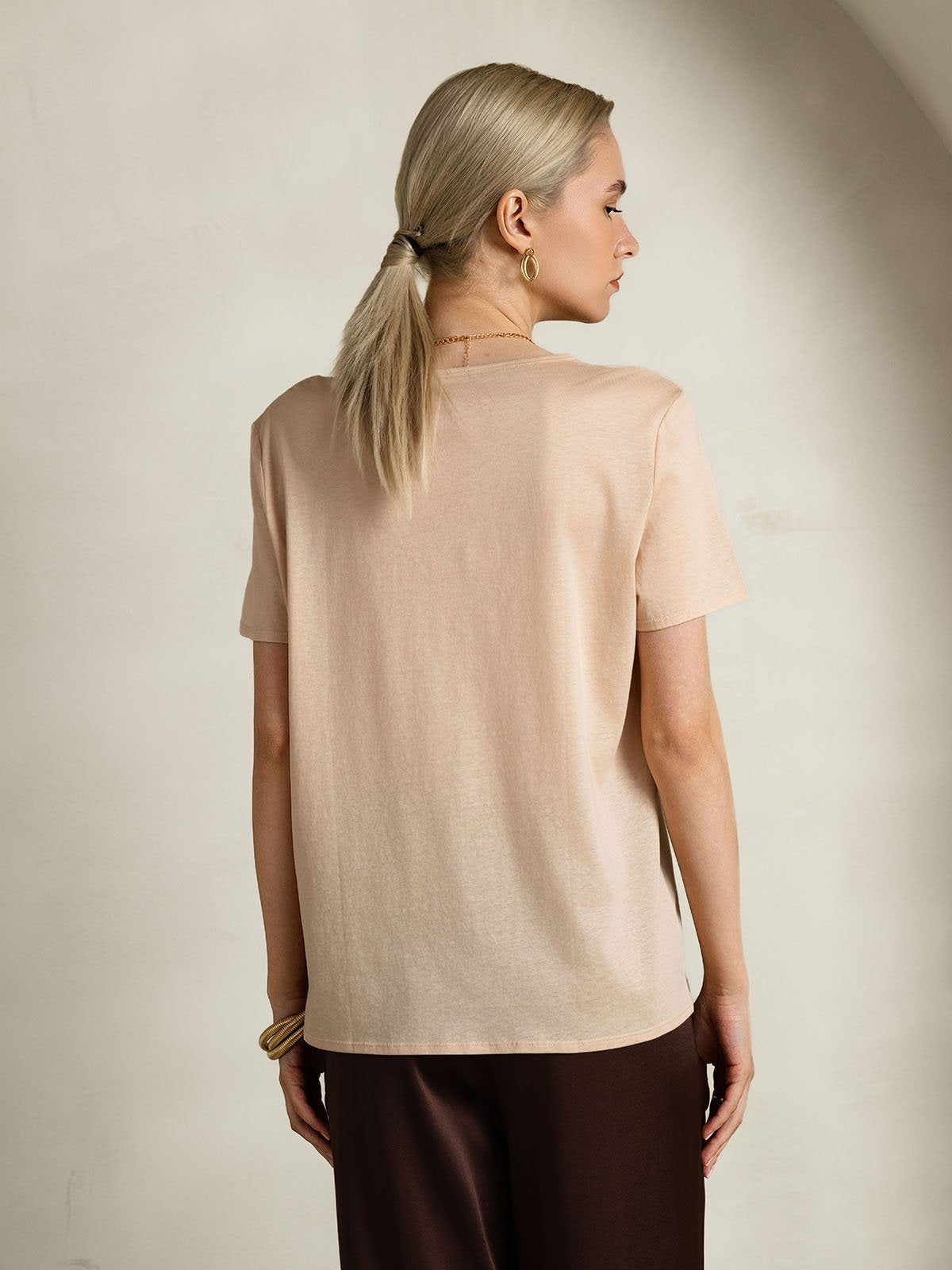 [Beige] SilkSilky Silk Short Sleeve U Neck Women's T-Shirt 002