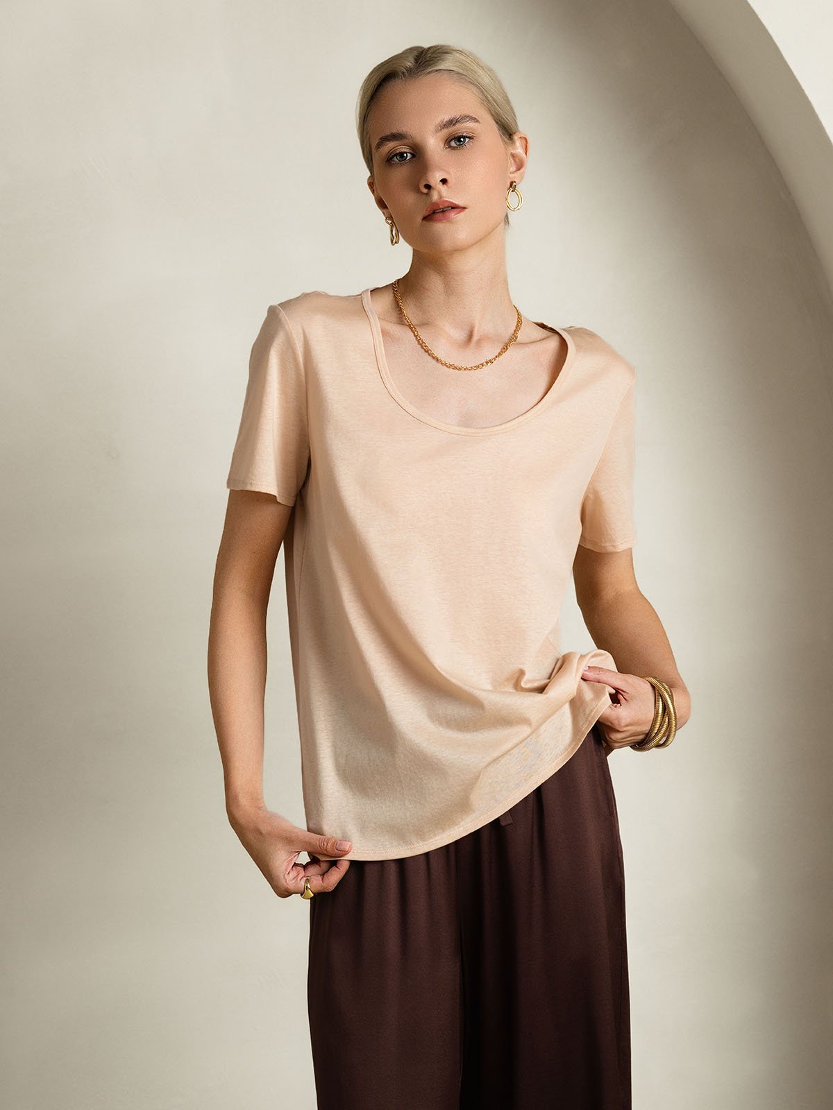 [Beige] SilkSilky Silk Short Sleeve U Neck Women's T-Shirt 005