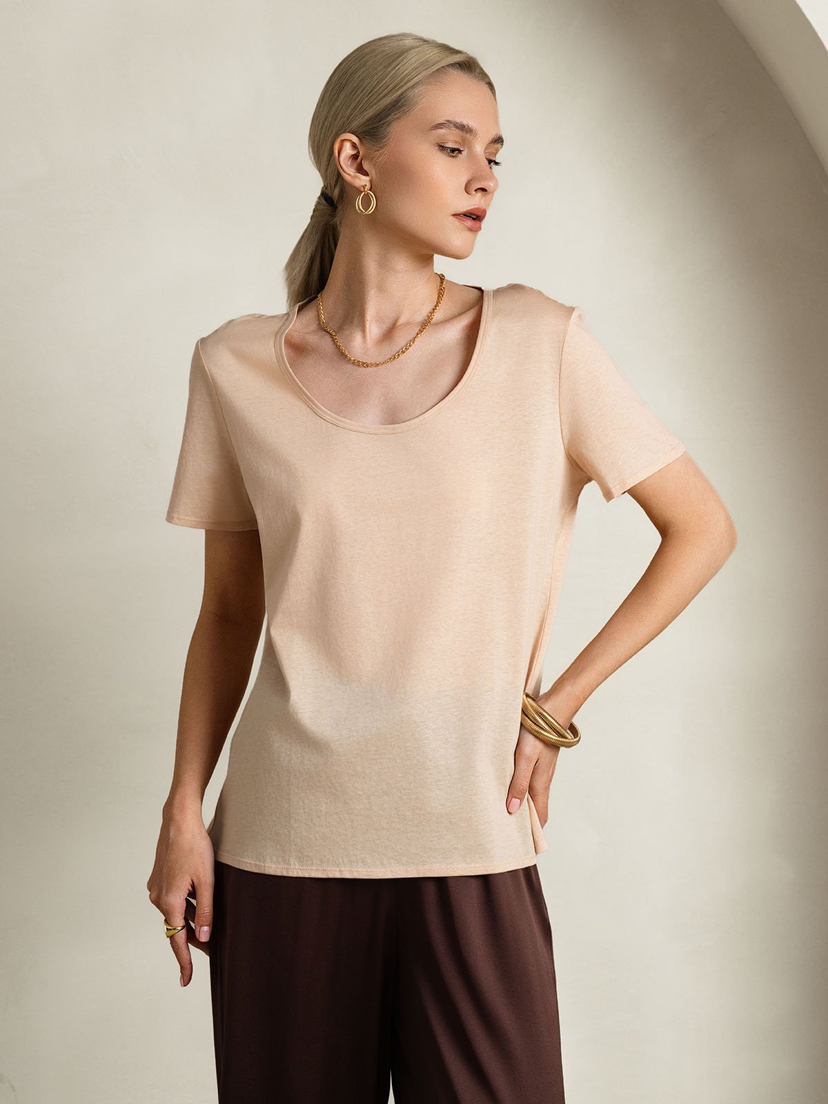[Beige] SilkSilky Silk Short Sleeve U Neck Women's T-Shirt 006