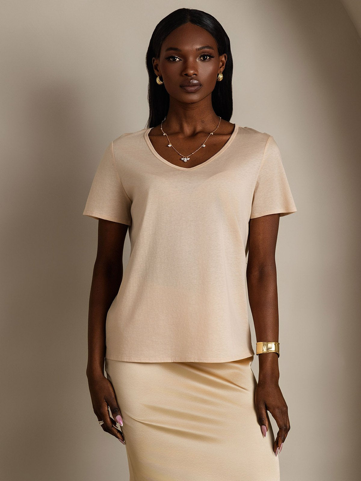 [Beige] SilkSilky Silk Short Sleeve V Neck Women's T-Shirt 001