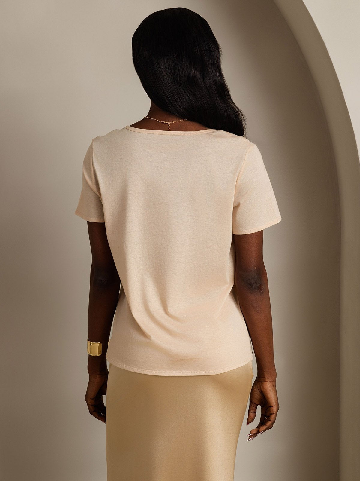 [Beige] SilkSilky Silk Short Sleeve V Neck Women's T-Shirt 002