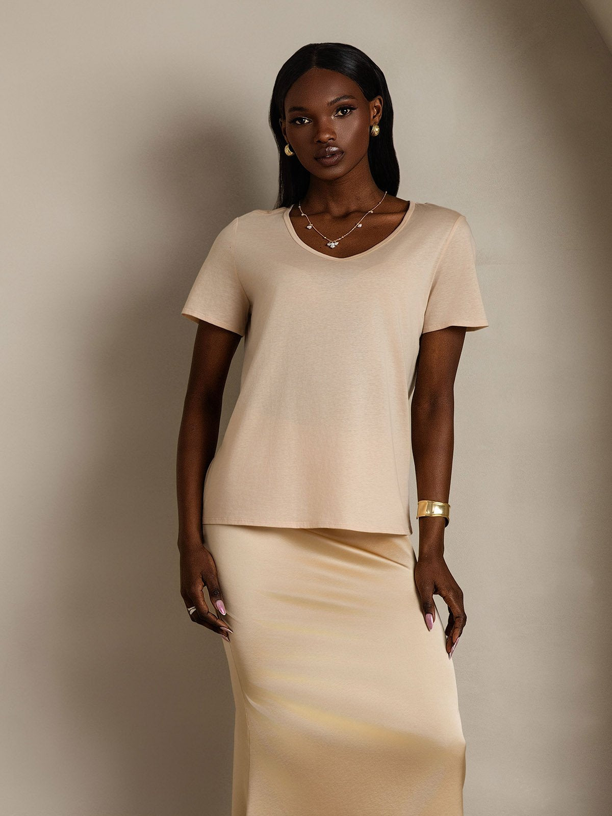 [Beige] SilkSilky Silk Short Sleeve V Neck Women's T-Shirt 003