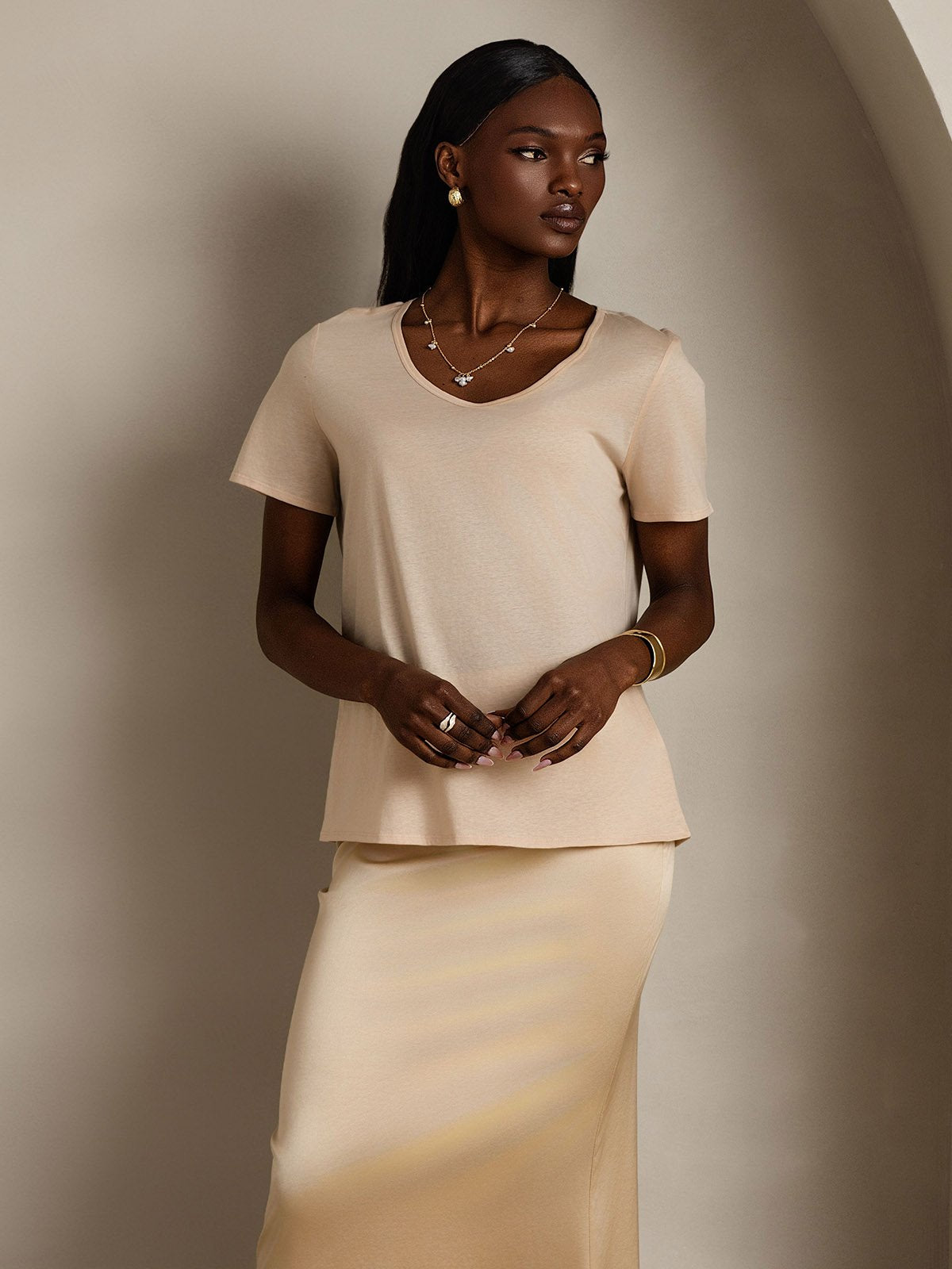 [Beige] SilkSilky Silk Short Sleeve V Neck Women's T-Shirt 004