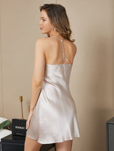 [Beige] SilkSilky  Spaghetti Strap Tie Neck Nightgown 002