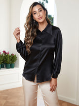 [Black] SilkSilky  19Momme Long Sleeve Collar Women's Shirt 001