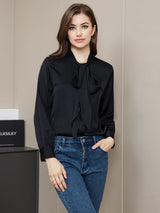 [Black] SilkSilky  19Momme Long Sleeve Tie Neck Women's Shirt 001