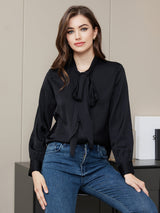 [Black] SilkSilky  19Momme Long Sleeve Tie Neck Women's Shirt 003