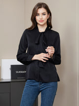 [Black] SilkSilky  19Momme Long Sleeve Tie Neck Women's Shirt 004