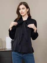 [Black] SilkSilky  19Momme Long Sleeve Tie Neck Women's Shirt 005