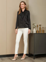 [Black] SilkSilky  19Momme Long Sleeve Tie Neck Women's Shirt 006