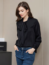 [Black] SilkSilky  19Momme Long Sleeve Tie Neck Women's Shirt 006