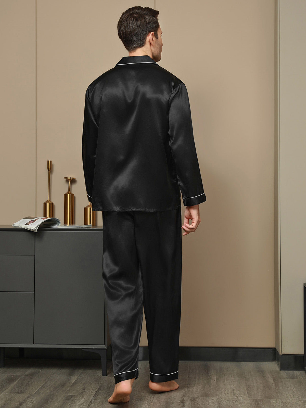 [Black] SilkSilky 19Momme Pure Silk Long Sleeve Lapel Men's Pajamas 002