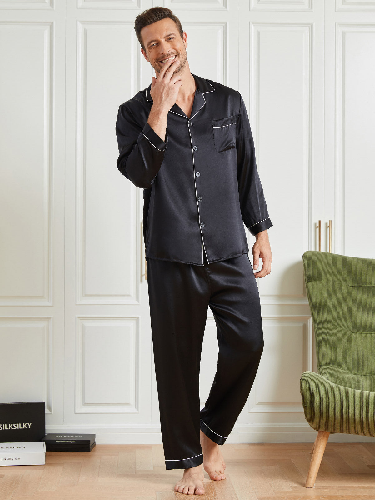 [Black] SilkSilky 19Momme Pure Silk Long Sleeve Lapel Men's Pajamas 004