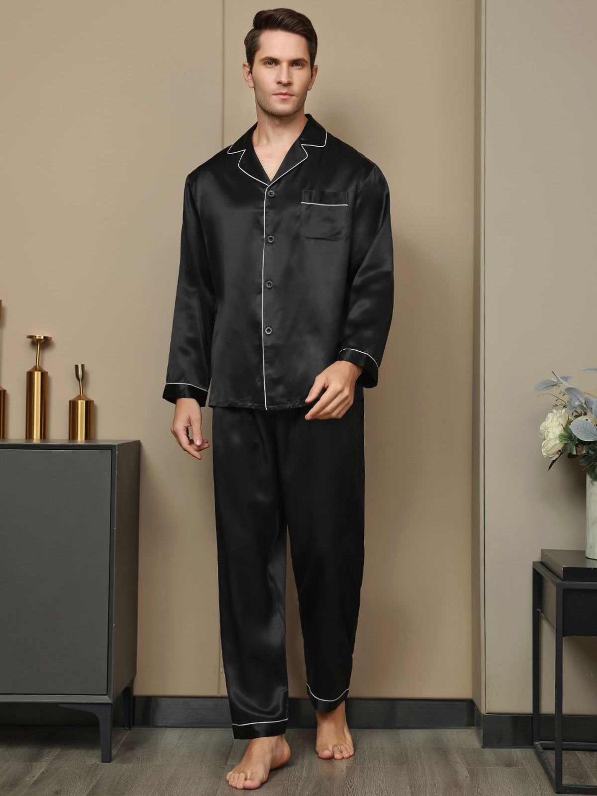 [Black] SilkSilky 19Momme Pure Silk Long Sleeve Lapel Men's Pajamas 006