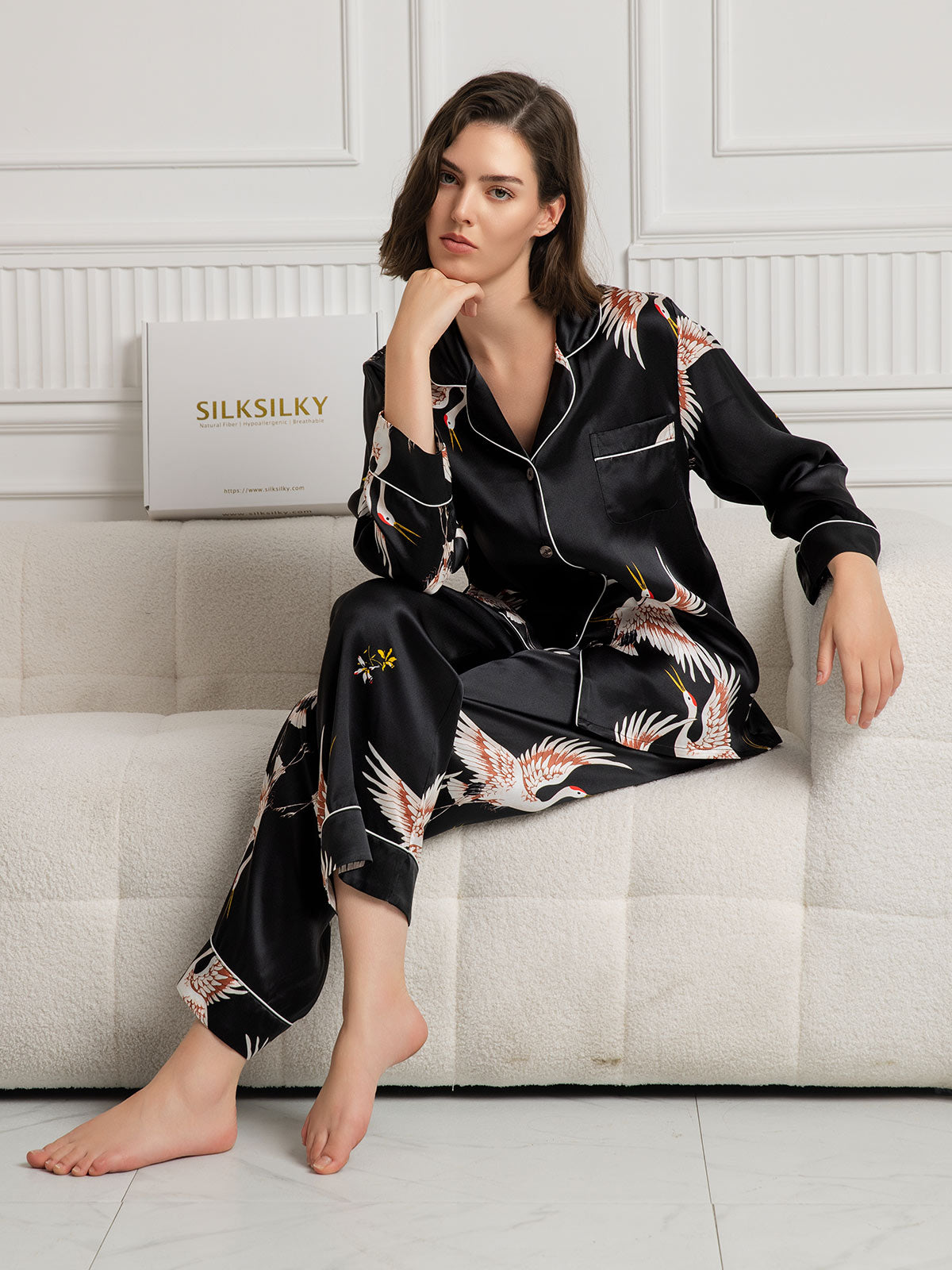 [Black] SilkSilky 19Momme Pure Silk Long Sleeve Lapel Women's Pajamas 001