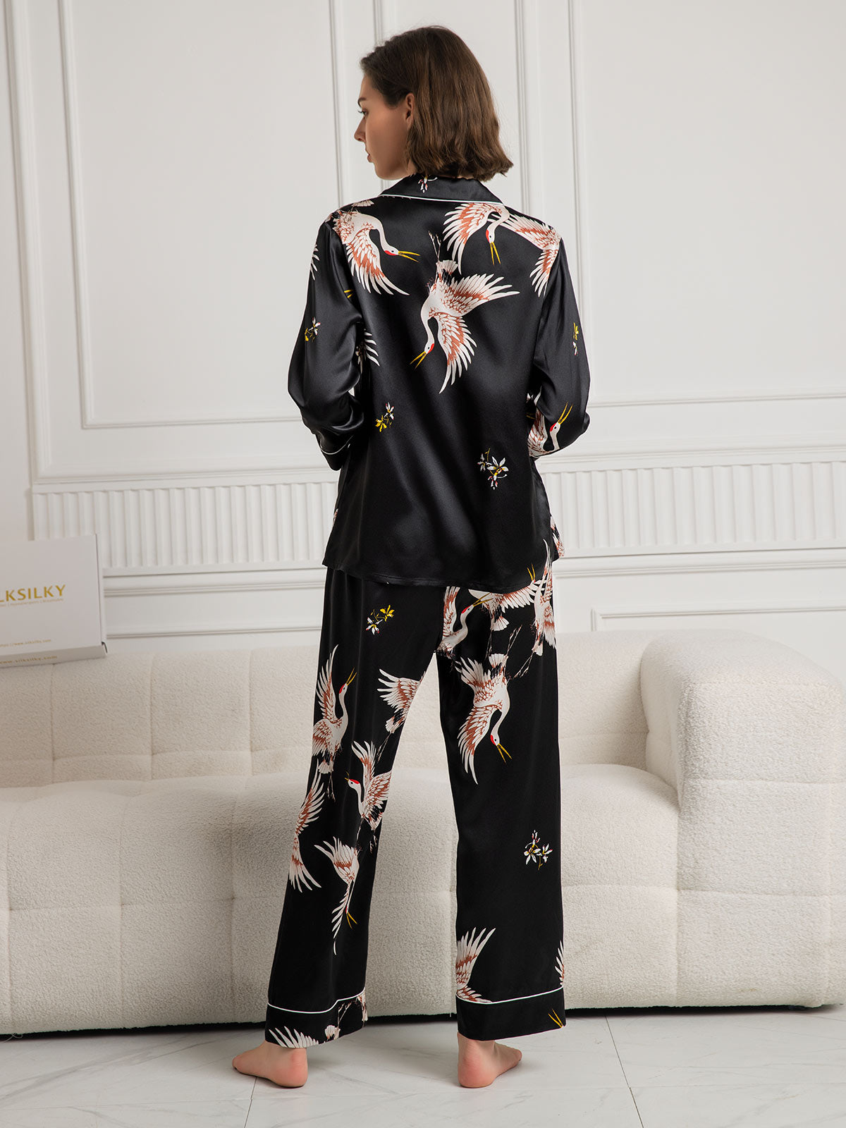 [Black] SilkSilky 19Momme Pure Silk Long Sleeve Lapel Women's Pajamas 002