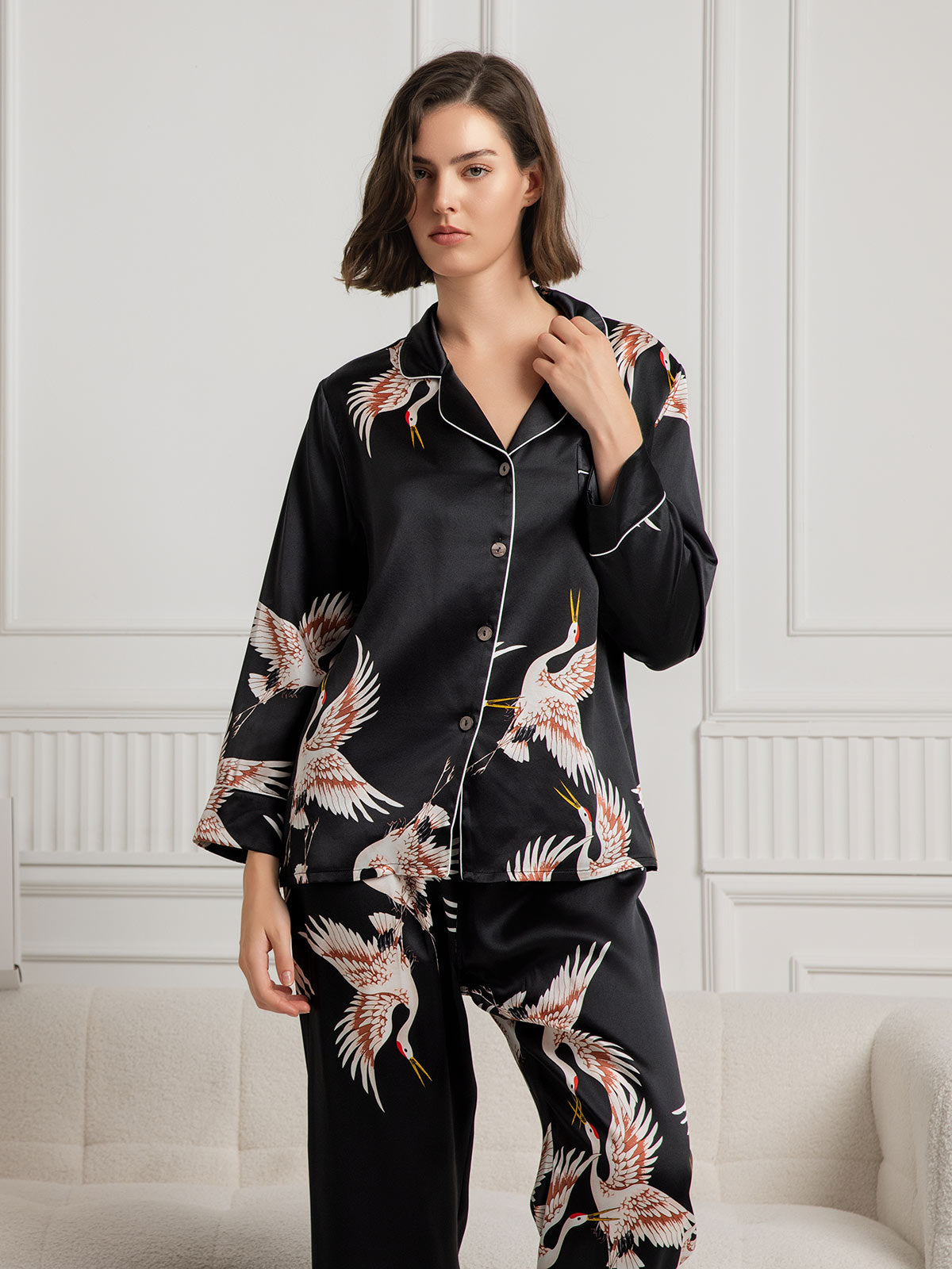 [Black] SilkSilky 19Momme Pure Silk Long Sleeve Lapel Women's Pajamas 003