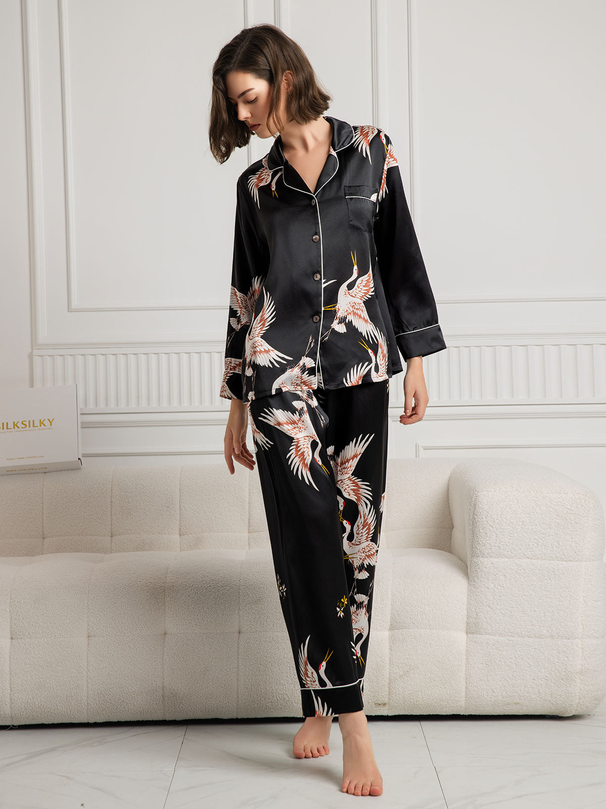 [Black] SilkSilky 19Momme Pure Silk Long Sleeve Lapel Women's Pajamas 004