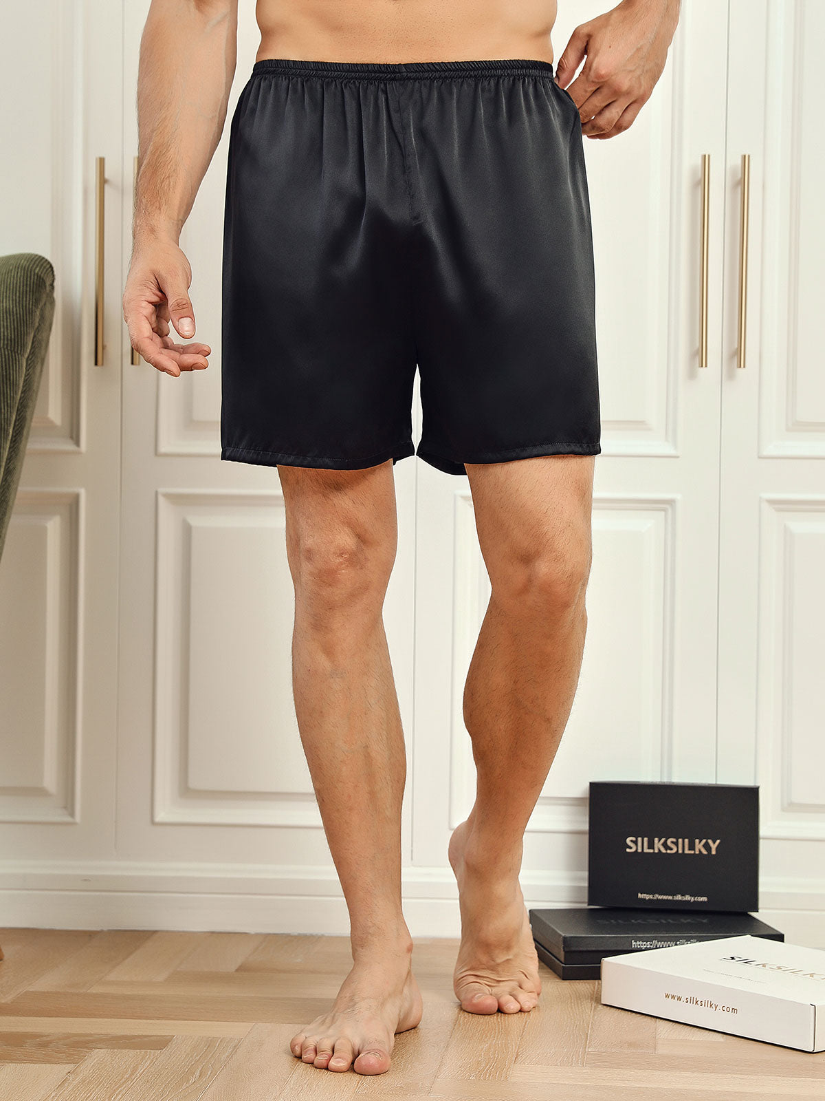 [Black] SilkSilky 19Momme Pure Silk Mens Sleep Bottoms 001